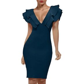 UONBOX Women's Ruffle Short Sleeve Plunge V Neck Bodycon Dress Back Split Bandage Party Club Dress