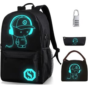 اوسليميا شنطة ظهر مدرسية للاطفال بتصميم انيمي كرتوني مضيء مقاس 15.6 انش، شنطة كتب خفيفة الوزن مع منفذ شحن USB، شنطة ظهر كاجوال للسفر مضادة للسرقة، لون اسود، للموسيقى، شنطة ظهر كاجوال in Kuwait