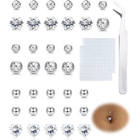 LOLIAS 30-35 PCS Fake Belly Piercing Cubic Zirconia Belly Button Rings Ear Lip Eyebrow Nose Non Piercing Studs Fake Piercing Jewelry