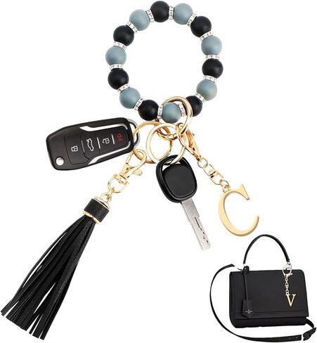WALLFID Wrist Keychain for Women Silicone Keychain Wristlet with Metal Alphabet Initial Letter and Leather Tassel in Kuwait
