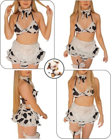 paloli Maid Cosplay Bikini Set, Cow Print Milk-Silk Fabric with Accessories in Kuwait