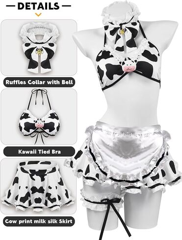 paloli Maid Cosplay Bikini Set, Cow Print Milk-Silk Fabric with Accessories in Kuwait