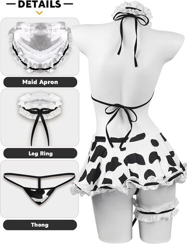 paloli Maid Cosplay Bikini Set, Cow Print Milk-Silk Fabric with Accessories in Kuwait