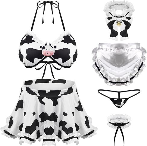 paloli Maid Cosplay Bikini Set, Cow Print Milk-Silk Fabric with Accessories in Kuwait