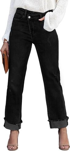 Womens Cargo Denim Jeans High Waisted Stretchy Flap Pocket Straight Leg Pants in Kuwait