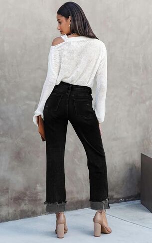 Womens Cargo Denim Jeans High Waisted Stretchy Flap Pocket Straight Leg Pants in Kuwait