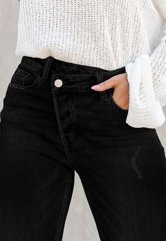 Womens Cargo Denim Jeans High Waisted Stretchy Flap Pocket Straight Leg Pants in Kuwait