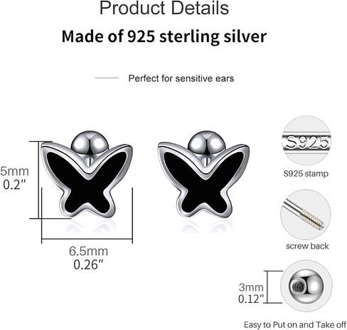 Hypoallergenic 925 Sterling Silver Stud Earrings for Women With Screw Back Small Butterfly Heart Flower Earrings for Girls Tragus Cartilage Jewelry Gifts in Kuwait
