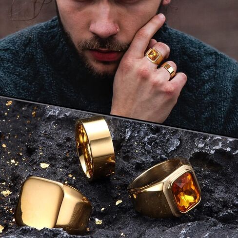 Dochais 3PCS Mens Rings Signet Rings for Men Stainless Steel Biker Ring Square Agate Onyx Rings Men's Ring for Men Boys Solid Polished Retro Band Rings Set Size 7-13 in Kuwait
