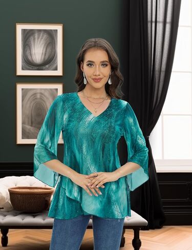 بلوزة تونيك أنيقة للنساء من Miusey بأكمام جرس 3/4، بلوزة شبكية واسعة in Kuwait