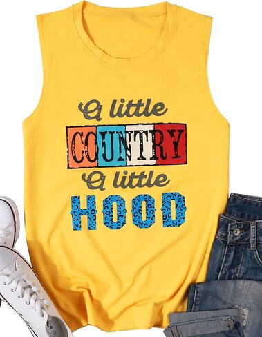 BANGELY Country Music Tank Tops Women A Little Country A Little Hood تي شيرت مضحك مطبوع عليه حروف بدون أكمام in Kuwait