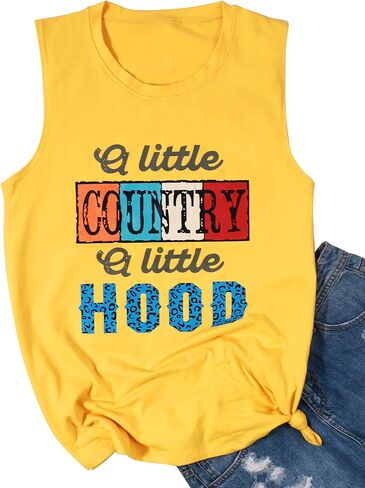 BANGELY Country Music Tank Tops Women A Little Country A Little Hood تي شيرت مضحك مطبوع عليه حروف بدون أكمام in Kuwait