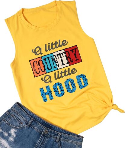 BANGELY Country Music Tank Tops Women A Little Country A Little Hood تي شيرت مضحك مطبوع عليه حروف بدون أكمام in Kuwait
