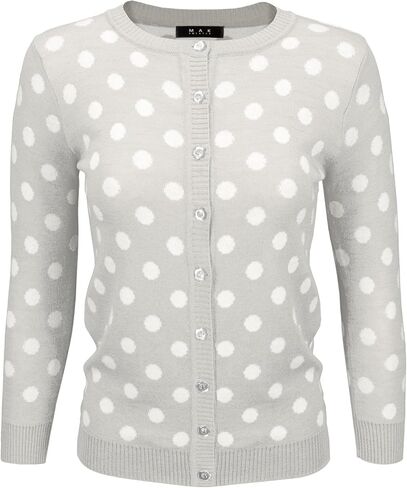 YEMAK Women's Knit Cardigan Sweater – Long Sleeve Crewneck Polka Dot Jacquard Button Down Casual Lightweight Knitted Top in Kuwait