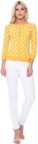 YEMAK Women's Knit Cardigan Sweater – Long Sleeve Crewneck Polka Dot Jacquard Button Down Casual Lightweight Knitted Top in Kuwait