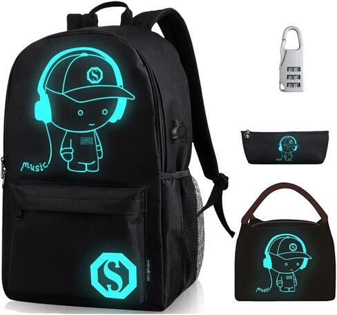 اوسليميا شنطة ظهر مدرسية للاطفال بتصميم انيمي كرتوني مضيء مقاس 15.6 انش، شنطة كتب خفيفة الوزن مع منفذ شحن USB، شنطة ظهر كاجوال للسفر مضادة للسرقة، لون اسود، للموسيقى، شنطة ظهر كاجوال in Kuwait