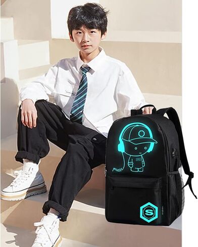 اوسليميا شنطة ظهر مدرسية للاطفال بتصميم انيمي كرتوني مضيء مقاس 15.6 انش، شنطة كتب خفيفة الوزن مع منفذ شحن USB، شنطة ظهر كاجوال للسفر مضادة للسرقة، لون اسود، للموسيقى، شنطة ظهر كاجوال in Kuwait