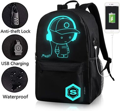 اوسليميا شنطة ظهر مدرسية للاطفال بتصميم انيمي كرتوني مضيء مقاس 15.6 انش، شنطة كتب خفيفة الوزن مع منفذ شحن USB، شنطة ظهر كاجوال للسفر مضادة للسرقة، لون اسود، للموسيقى، شنطة ظهر كاجوال in Kuwait