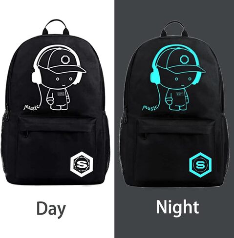 اوسليميا شنطة ظهر مدرسية للاطفال بتصميم انيمي كرتوني مضيء مقاس 15.6 انش، شنطة كتب خفيفة الوزن مع منفذ شحن USB، شنطة ظهر كاجوال للسفر مضادة للسرقة، لون اسود، للموسيقى، شنطة ظهر كاجوال in Kuwait