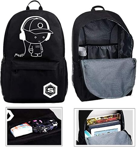 اوسليميا شنطة ظهر مدرسية للاطفال بتصميم انيمي كرتوني مضيء مقاس 15.6 انش، شنطة كتب خفيفة الوزن مع منفذ شحن USB، شنطة ظهر كاجوال للسفر مضادة للسرقة، لون اسود، للموسيقى، شنطة ظهر كاجوال in Kuwait