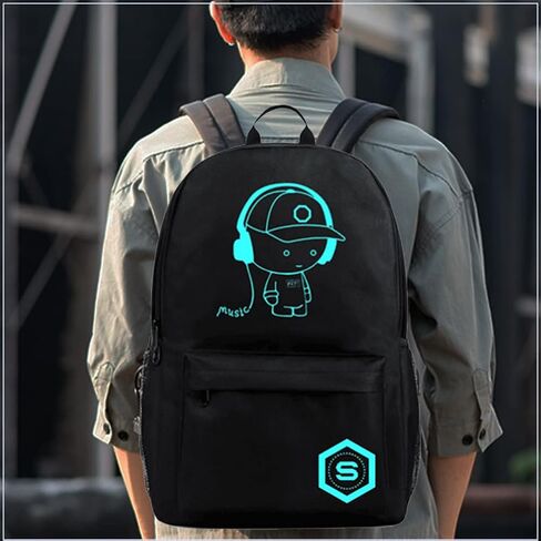 اوسليميا شنطة ظهر مدرسية للاطفال بتصميم انيمي كرتوني مضيء مقاس 15.6 انش، شنطة كتب خفيفة الوزن مع منفذ شحن USB، شنطة ظهر كاجوال للسفر مضادة للسرقة، لون اسود، للموسيقى، شنطة ظهر كاجوال in Kuwait