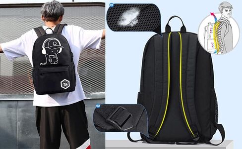 اوسليميا شنطة ظهر مدرسية للاطفال بتصميم انيمي كرتوني مضيء مقاس 15.6 انش، شنطة كتب خفيفة الوزن مع منفذ شحن USB، شنطة ظهر كاجوال للسفر مضادة للسرقة، لون اسود، للموسيقى، شنطة ظهر كاجوال in Kuwait