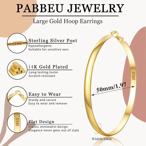 PABBEU أقراط حلقية من الفضة الاسترليني للنساء أقراط حلقية فضية مضادة للحساسية أقراط فضية كبيرة خفيفة الوزن أقراط فضية كبيرة أقراط من الفضة الاسترليني للنساء والفتيات 40/50/60/70 مم in Kuwait