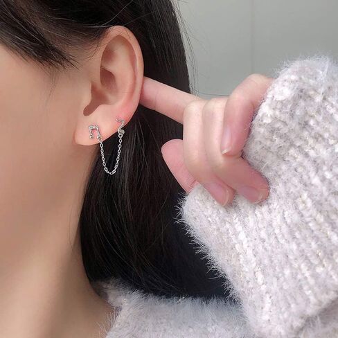 تشيكوسلوفاكيا ملاحظة موسيقية مزدوجة ثقب مع سلسلة الإبرة أقراط للنساء في سن المراهقة بنات غضروف 2 ثقب S925 الفضة الاسترليني استرخى قطرة لا تسبب الحساسية هدية لابنة صديقة عيد ميلاد in Saudi Arabia