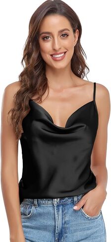 Zindleec Women's Cowl Neck Satin Cami Top Spaghetti Straps Adjustable Camisole Sleeveless Soft Tank Tops in Saudi Arabia