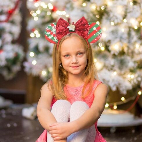 YOWOCAL Christmas Mouse Ears Bow Headband,Christmas Ears for Women Kids,Sequin Bow Hair Hoop Headwear for Christmas Parties Cosplay Costume in Kuwait