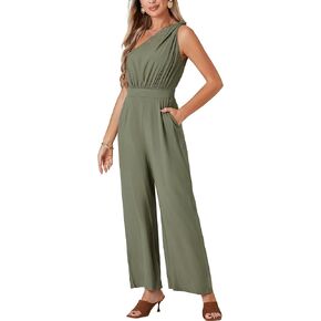LYANER Women's Summer One Shoulder Sleeveless Pleated Casual High Waist Wide Leg Jumpsuit Long Romper in Saudi Arabia