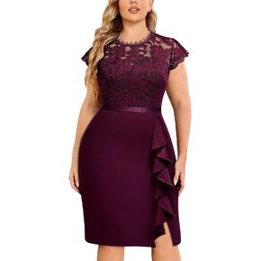 Miusol Women's Plus Size Floral Lace Contrast Ruffles Split Evening Cocktail Dress