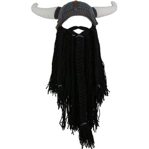 YEKEYI Big Horn Viking Hat Beanie Beard Viking Knit Hat Barbarian Funny Ski Cap Funny halloween hat christmas hat