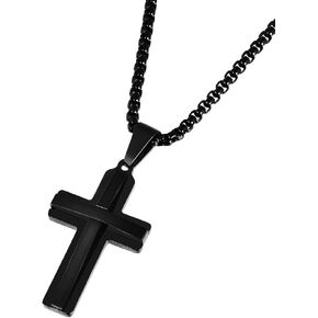 Edforce Stainless Steel Double Layer Cross Pendant Necklace for Men, 24" Box Chain
