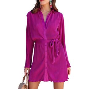 Dokotoo Womens 2023 Fall Collared V Neck Button Down Dresses Long Sleeve Tie Waist Pleated Casual Mini Shirt Dress with Belt