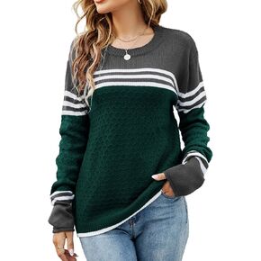 koitmy Women's Long Sleeve Cute Stripe Patchwork Knitted Pullover Sweater