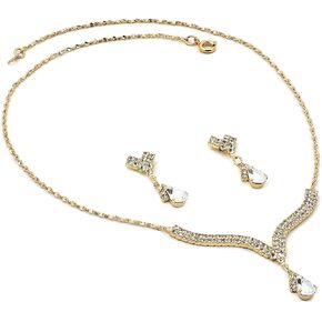 Topwholesalejewel Gold Crystal Rhinestone Necklace with 2 Line Teardrop Center & Matching Dangle Earrings Jewelry Set