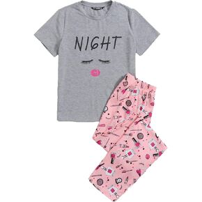 طقم بيجامة نسائي مطبوع عليه رسومات كرتونية من DIDK برقبة دائرية وسروال ملابس نوم in Kuwait