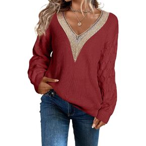 EVALESS Womens Long Sleeve Sweaters Fall 2024 Trendy Sexy Lace V Neck Knit Drop Shoulder Pullover Sweater Jumper Tops