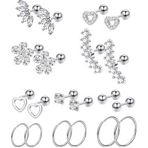 Masedy 10Pairs Stainlesss Steel Cartilage Stud Earrings for Women Girls Helix Tragus Couch Hoop Piercing Earrings Set