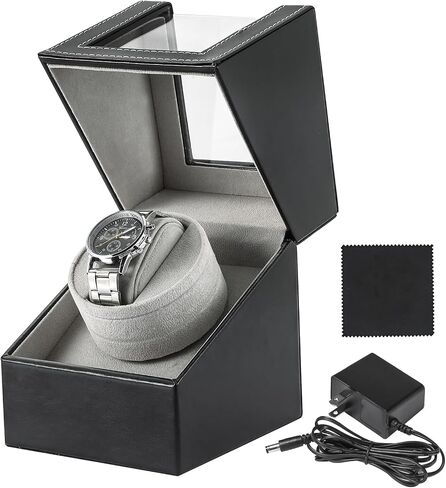 FLKQC Single Watch Winder for Automatic Watches | Black Leather Watch Display Case Storage Box | Fits Lady and Man Automatic Watch, AC Adapter or Battery Powered Watch Storage Box in Saudi Arabia