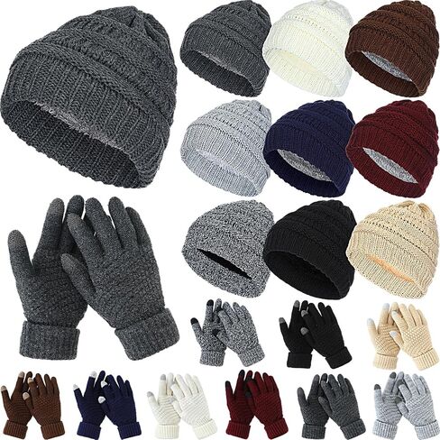 Liitrsh 18 Pcs Winter Warm Knitted Beanie Hats and Gloves Bulk for Men Slouchy Beanie Hat Fleece Lined Skull Caps for Men Women Touch Screen Mittens Winter Gloves in Saudi Arabia