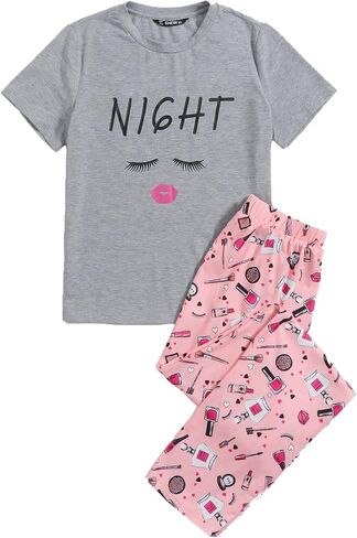 طقم بيجامة نسائي مطبوع عليه رسومات كرتونية من DIDK برقبة دائرية وسروال ملابس نوم in Kuwait