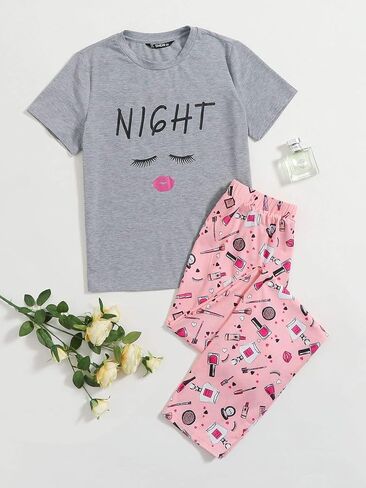 طقم بيجامة نسائي مطبوع عليه رسومات كرتونية من DIDK برقبة دائرية وسروال ملابس نوم in Kuwait