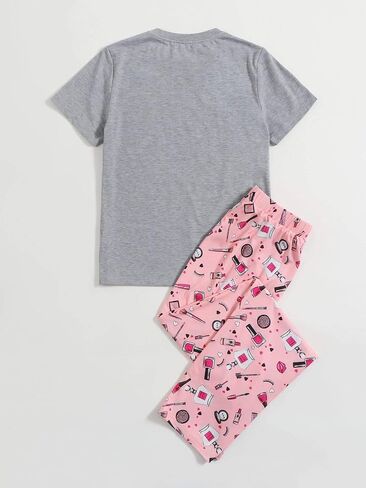 طقم بيجامة نسائي مطبوع عليه رسومات كرتونية من DIDK برقبة دائرية وسروال ملابس نوم in Kuwait