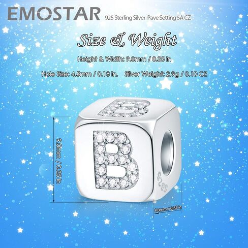 EMOSTAR Dice-Shaped 26 Block Letters Charms Initial A-Z Alphabet Beads, 925 Sterling Silver Square Cube Charms with CZ fits European Women Bracelet, Gifts for Birthday/Christmas/Mom/Lover in Saudi Arabia