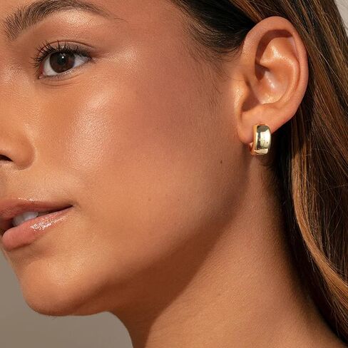 Small Huggies Hoop Earrings for Women Trendy Chunky Gold Hoop Earrings with 925 Sterling Silver Posts, Lightweight and Hypoallergenic Gold Jewelry for Women, Girls in Kuwait