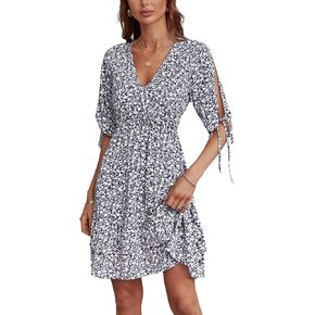 فستان نسائي كاجوال لصيف 2023 من BROVAVE، برقبة على شكل V، نصف كم قصير ومكشكش مزين بالورود in Kuwait