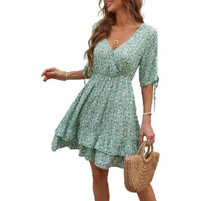 BROVAVE Women's Summer 2023 Casual Dresses V Neck Half Short Sleeve Floral Ruffle Mini Dress in Kuwait