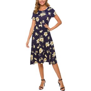 Urban CoCo Women's Floral Print Short Sleeve Flared Midi Dress